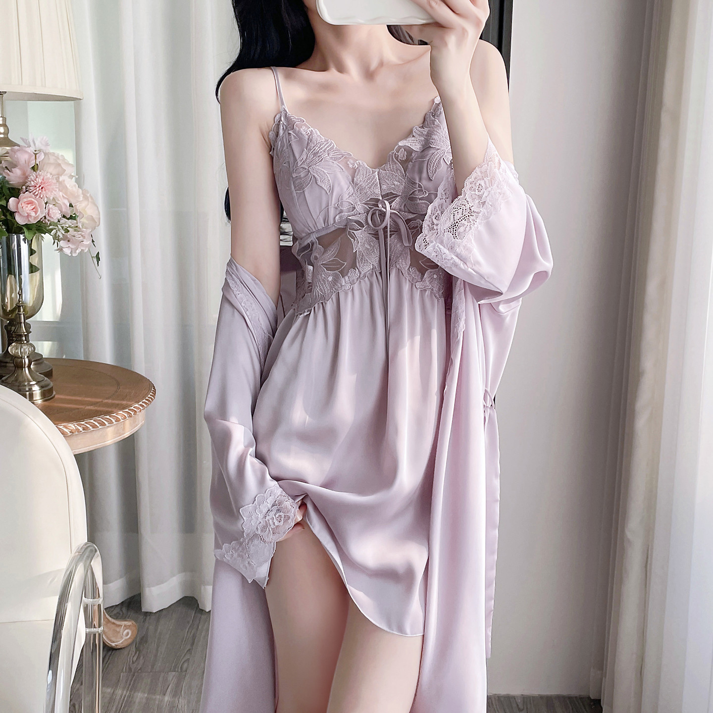 性感睡衣女款冰丝夏蕾丝吊带睡裙图片