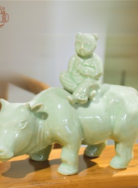 汝窑牧童骑牛客厅中式风装饰品