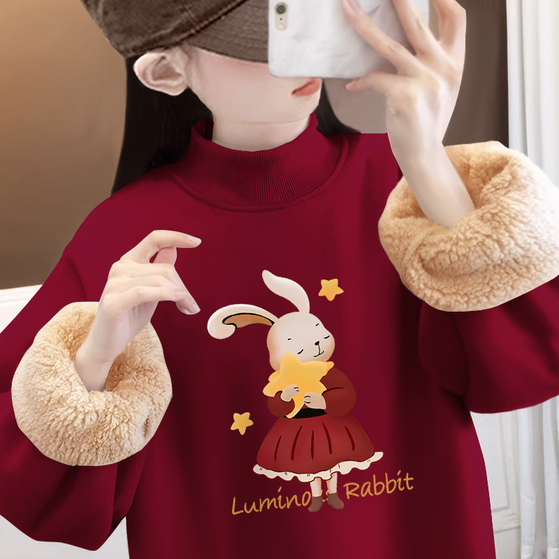 内搭打底衫保暖童装冬季卫衣半高领女童加绒超特厚羊羔绒毛衣儿童