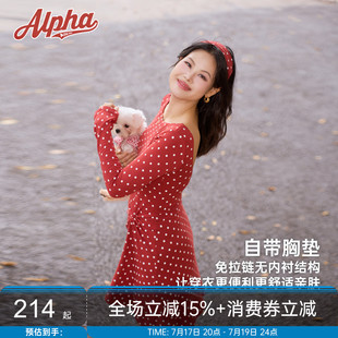 【肉肉消失术波点裙】法式复古红色带胸垫连衣裙秋收腰长袖运动裙
