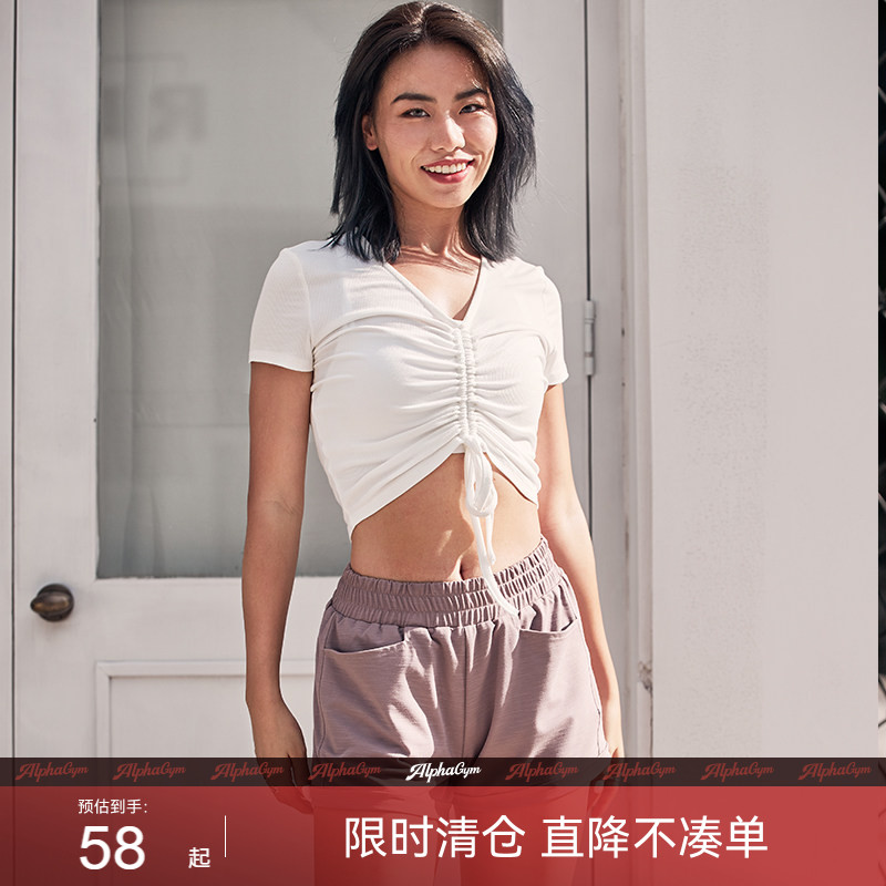 【限时特价】抽褶罗纹短袖女子ins网红胸口抽绳运动瑜伽舒适T恤