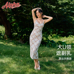 AlphaGym自带胸垫蝴蝶印花U领格纹网纱吊带连衣裙女收腰显瘦长裙