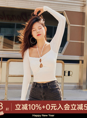 AlphaGym挂脖甜酷辣妹长袖高弹紧身打底上衣女方领修饰曲线带胸垫