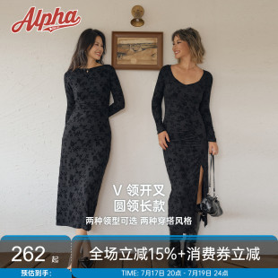 AlphaGym千金风立体黑玫瑰植绒印花连衣裙秋冬季船领保暖长袖裙