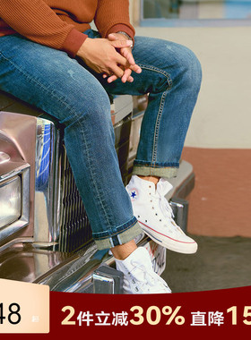 AlphaGym仿赤耳翻边牛仔裤蓝色水洗直筒休闲长裤潮流男士裤子