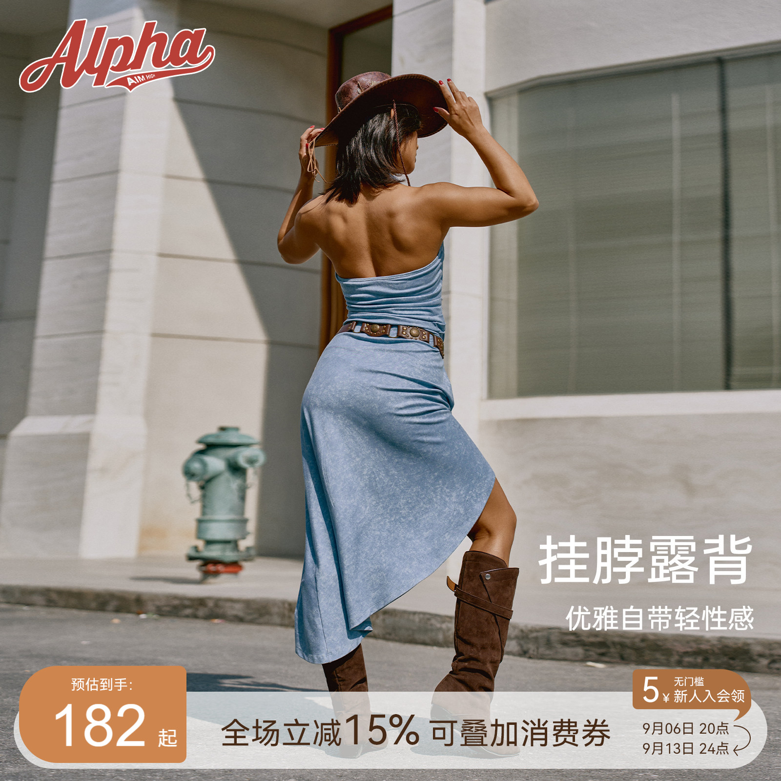 AlphaGym复古荡领挂脖连衣长裙图片
