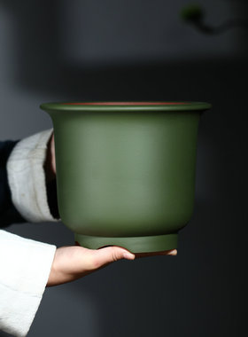 商口紫砂绿泥粉浆金钟直径21cm台式春兰花盆室内绿色植物经典花盆