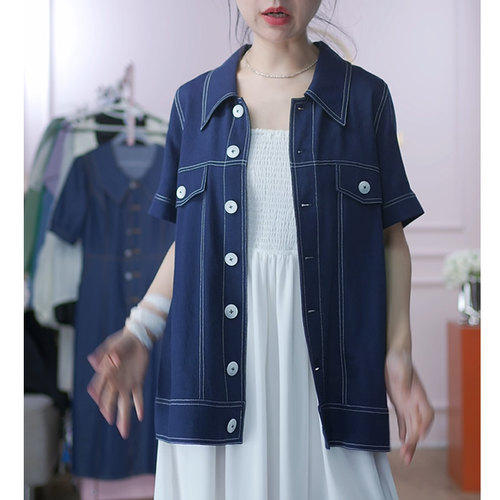 酒窝桃子大码短袖翻领衬衫麻混纺肌理感显瘦遮肉透气超凉夏季防透