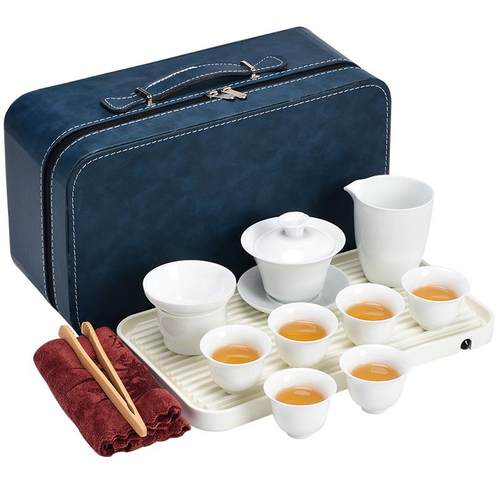 德化白瓷功夫茶具储排水茶盘旅行套装盖碗泡茶杯玻璃茶海制作