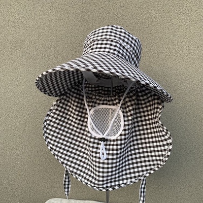 大檐格子披肩防晒遮阳帽女户外劳作夏天骑车防尘采摘下地劳动帽子