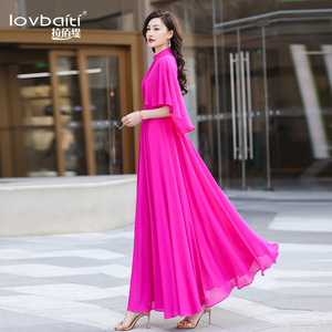 玫红色显瘦连衣裙2026新款女夏高级感仙气超长斗篷裙子到脚踝764