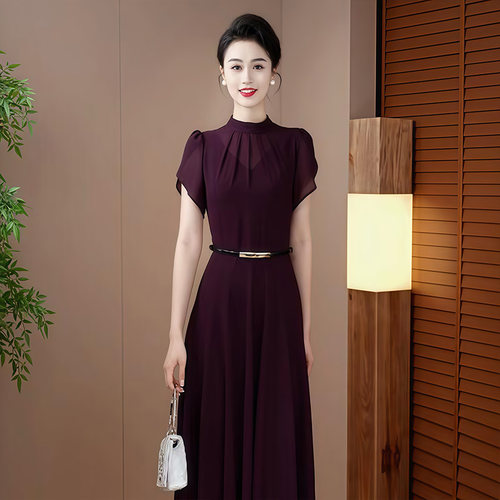 拉佰缇紫色雪纺连衣裙女夏季新品