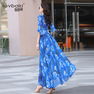 气质连衣裙女夏季2026新款雪纺荷叶袖大摆显瘦长裙度假沙滩裙782