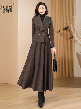 棕色条纹套装女2025新款秋冬毛呢小香风时尚修身高级感显瘦裙648