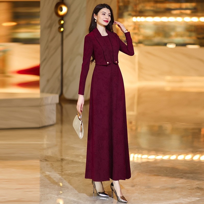 酒红色高级感连衣裙女2025秋装新款长款裙子气质假两件显瘦长裙,女装/女士精品,连衣裙,淘宝优惠券,粉丝福利购,淘宝优惠卷