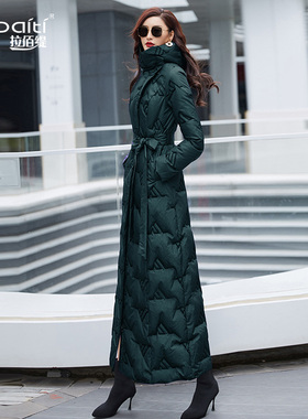 绿色高领连帽羽绒服女2025冬季新款修身白鸭绒长款过膝到脚踝682