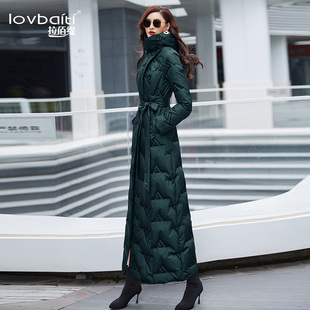 绿色高领连帽羽绒服女2025冬季新款修身白鸭绒长款过膝到脚踝682