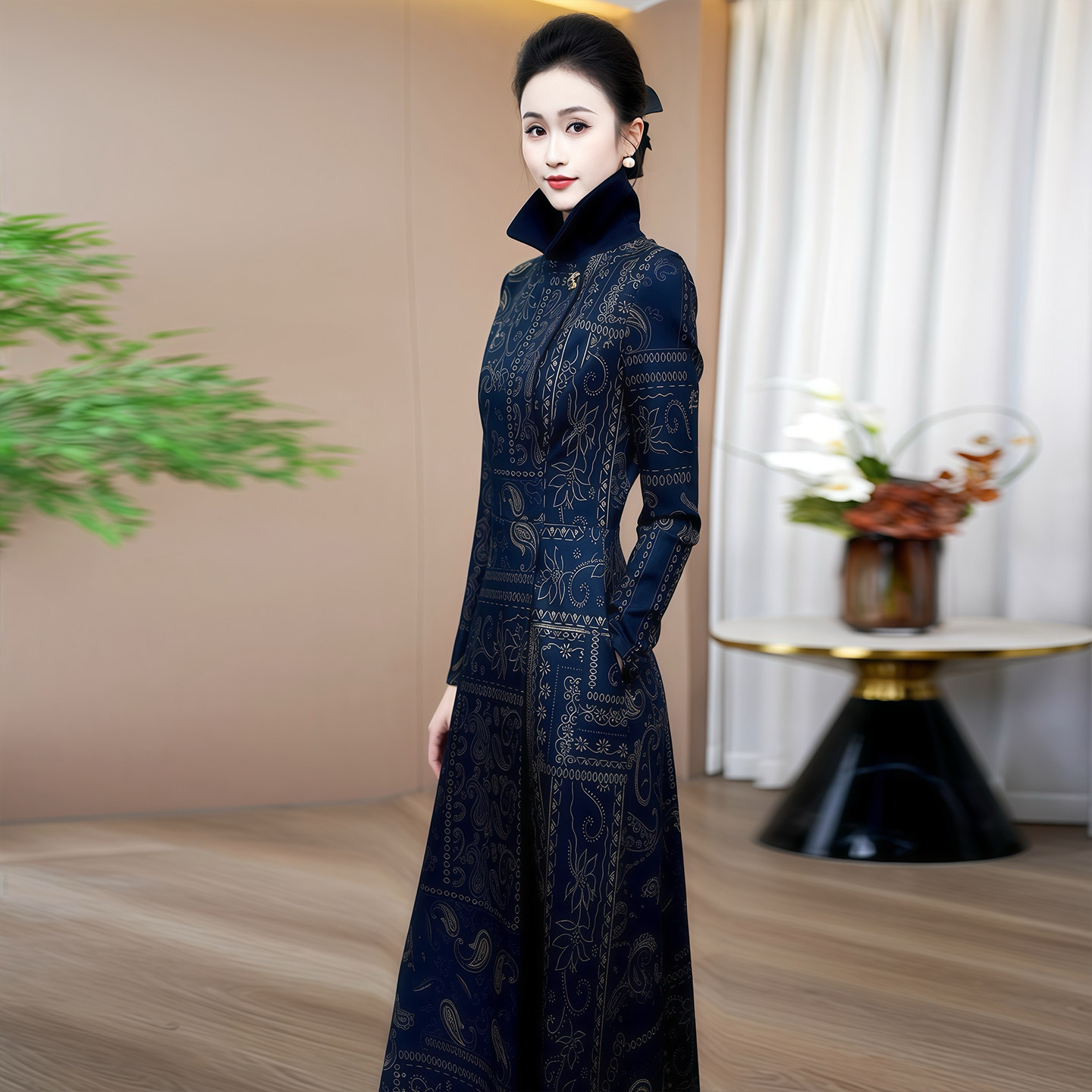 蓝色高档气质秋冬连衣裙2026新款名媛轻奢显瘦遮肉重要场合长裙子