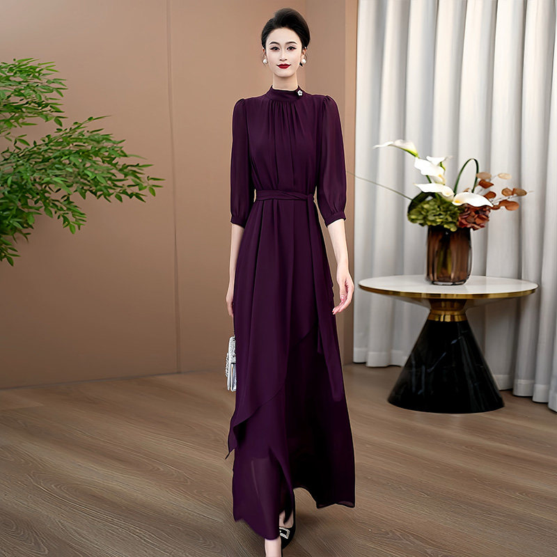 紫色简约宽松时尚2026巨好看连衣裙女高级感气质减龄薄纱长裙223