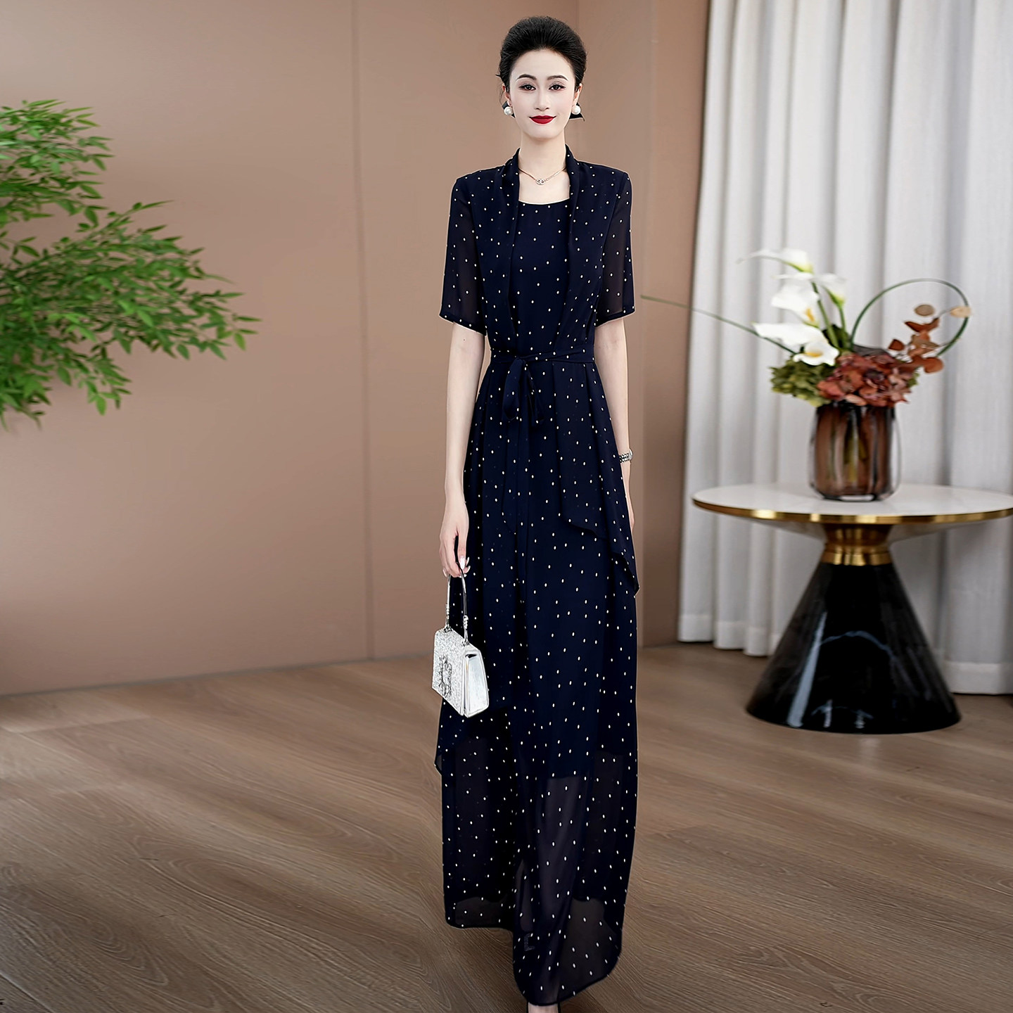 清仓黑色波点假两件连衣裙女2026年夏季新款长款高级感气质长裙子