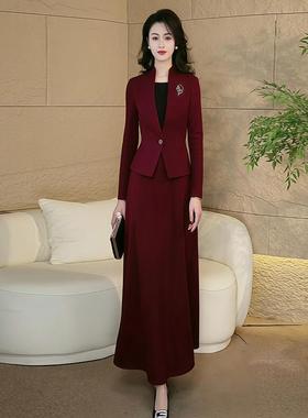 酒红假两件连衣裙女秋冬喜婆婆婚宴装2025新款高级感气质显瘦长裙