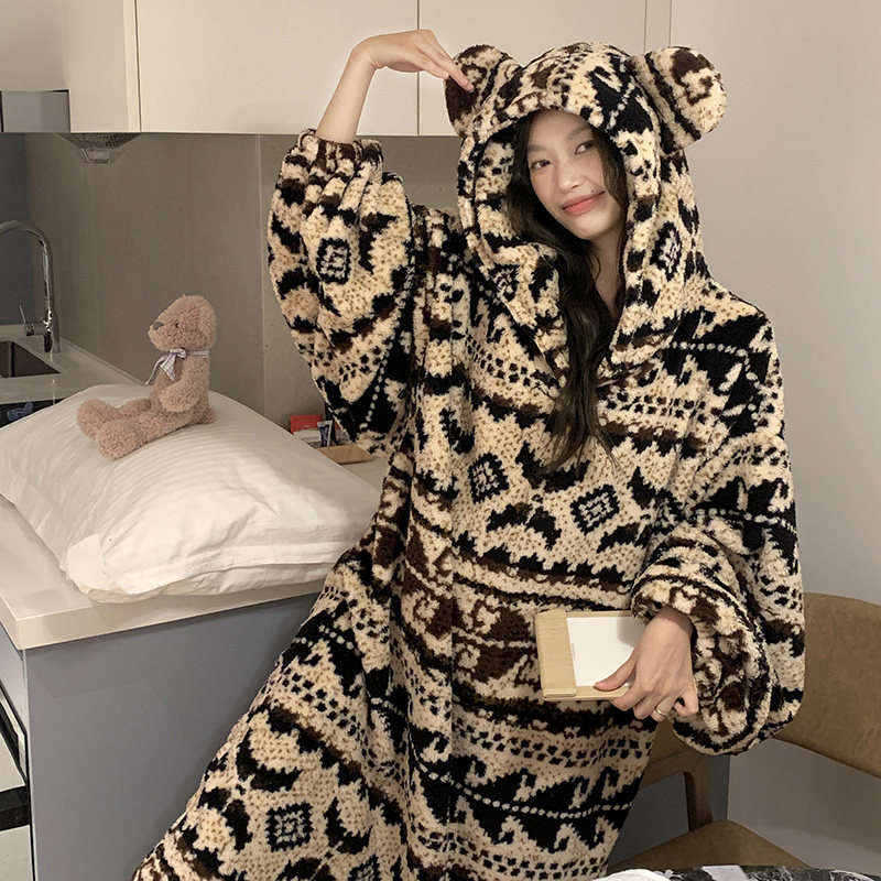 秋冬连帽加肥加大码女睡裙