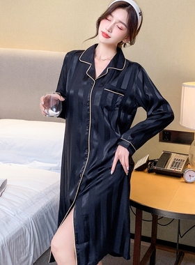 冰丝睡衣女长袖春秋薄款条纹加大码胖mm性感宽松开衫款黑色睡裙夏
