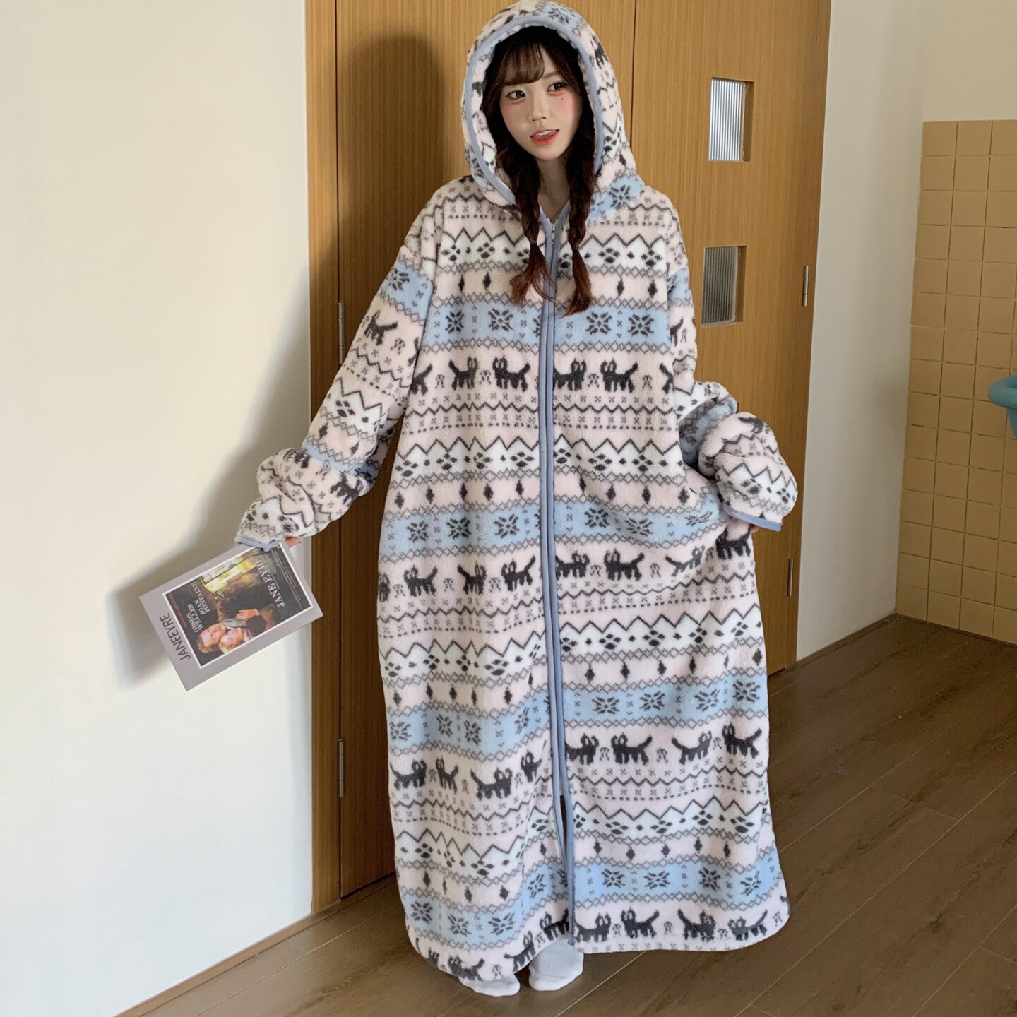 超长连帽拉链睡袍女秋冬法兰绒特大加肥胖mm300斤宽松家居服睡衣