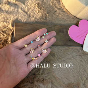 “妙龄生物”夏日韩系粉色蝴蝶滴油独特小巧精致不过敏耳钉