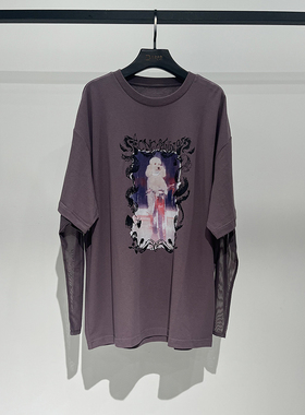 欧货AC新款女士做旧假两件圆领网纱拼接长袖T恤女字母宽松打底衫