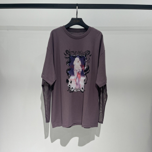 欧货AC新款女士做旧假两件圆领网纱拼接长袖T恤女字母宽松打底衫