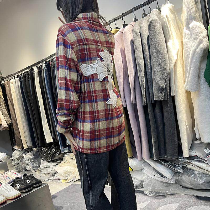 CH红色格子磨毛衬衣十字架欧货高端男女同款休闲衬衫情侣宽松外套