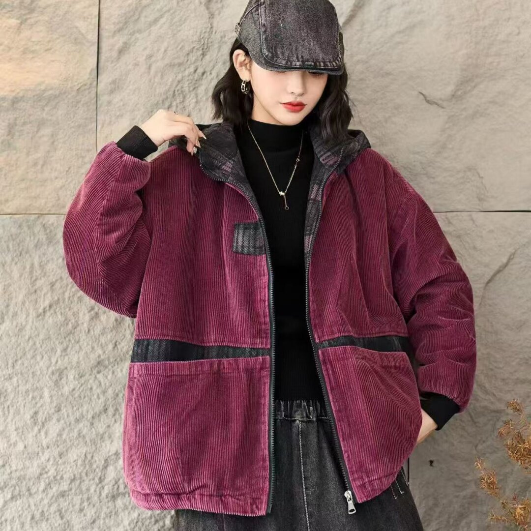 灯芯绒加厚加绒外套连帽女 冬新款 复古文艺拼接印花保暖棉服上衣