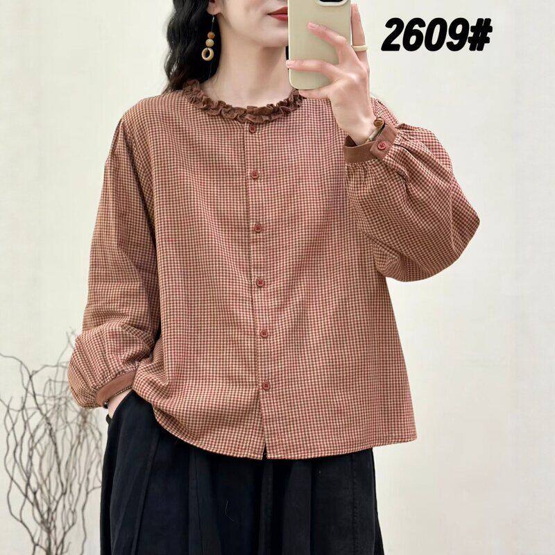 花社2026春季新款复古格子衬衫女宽松花边领日系文艺开衫棉纱上衣