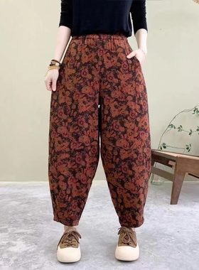 文艺复古棉麻印花灯笼裤女2025秋冬新款花色松紧腰宽松显瘦哈伦裤