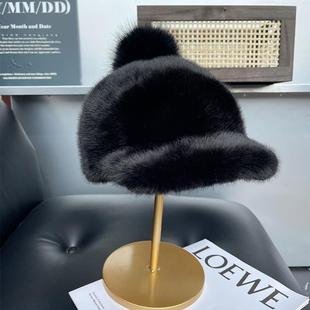 帽子女秋冬狐狸毛球棒球帽加厚保暖仿水貂毛鸭舌帽时尚貂皮骑士帽