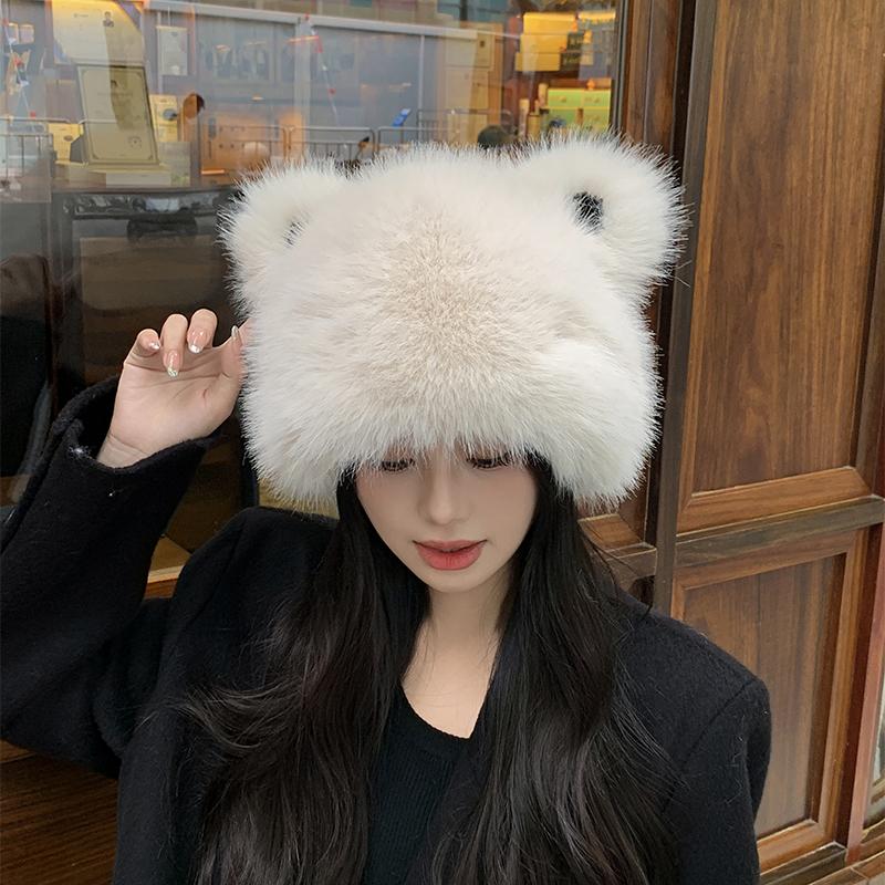 女狐狸毛帽子可爱小熊耳朵保暖冬