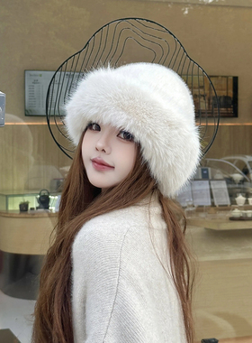 毛绒蒙古帽子女秋冬防寒白色保暖东北盆帽护耳帽狐狸毛渔夫帽毛毛