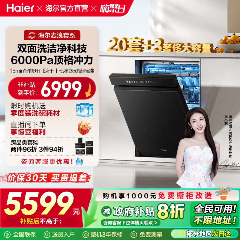 [换新补贴]海尔麦浪水精灵洗碗机20套双面洗W5000Plus+家用全自动