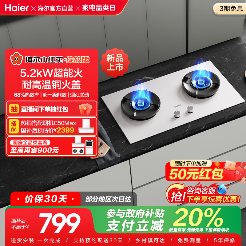【政府补贴】海尔小红花燃气灶天然气煤气灶家用双猛火灶台Q2BEC