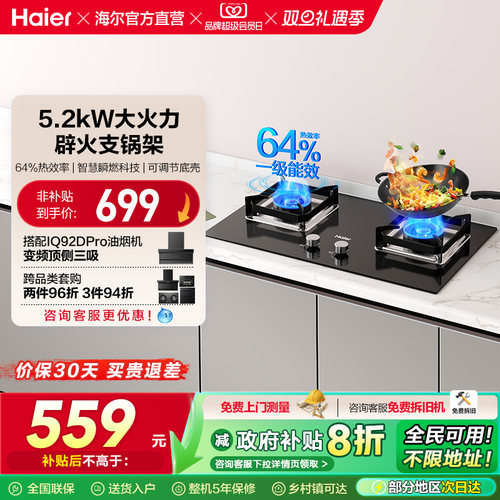 以旧换新补贴海尔燃气灶煤气灶猛火双灶家用台嵌大火力2BE6/H70A