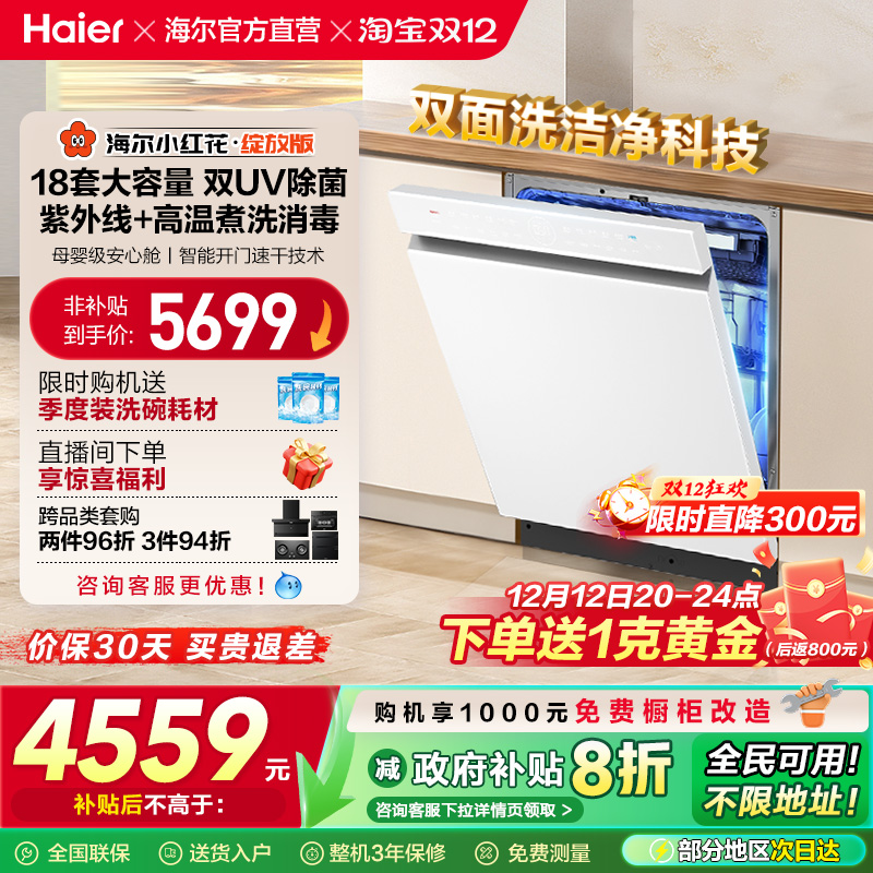 [水精灵]海尔小红花W5000Plus双面洗18套嵌入式洗碗机家用