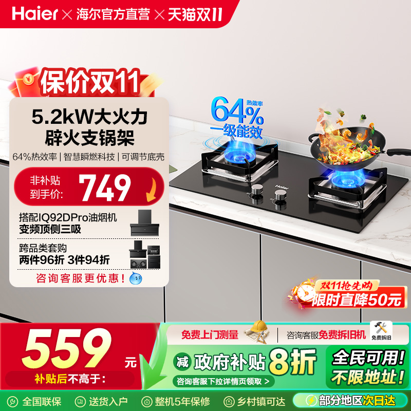 以旧换新补贴海尔燃气灶煤气灶猛火双灶家用台嵌入式大火力Q2BE6