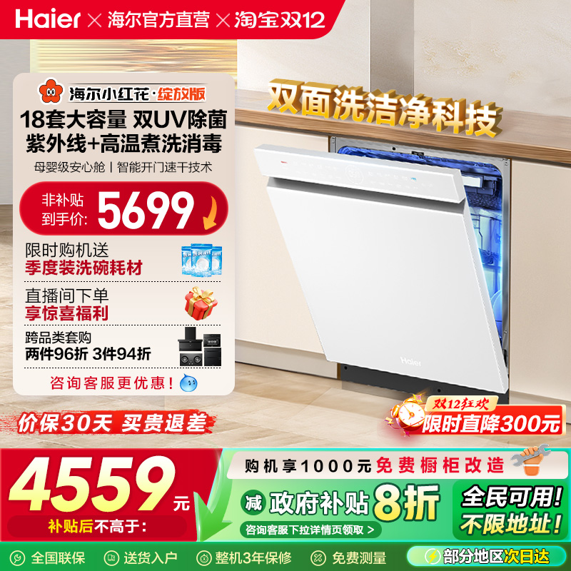 [水精灵]海尔小红花W5000Plus双面洗18套嵌入式洗碗机家用