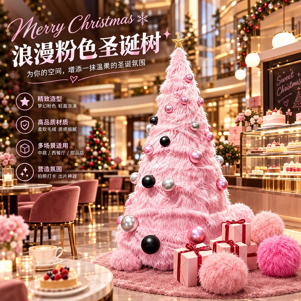 粉色毛绒圣诞树落地美陈定制装饰图片