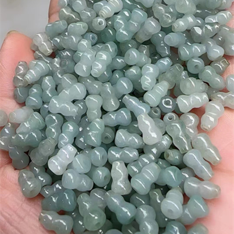 纯天然缅甸翡翠玉油青葫芦金钱珠子大孔订制款蓝水珠6m平安扣跑环