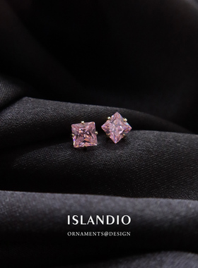 ISLANDIO原创18K金4mm迷你小巧方形公主切粉钻石纯银耳钉耳饰女