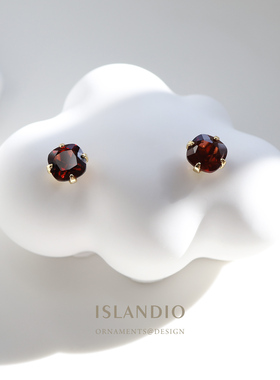 ISLANDIO原创设计天然酒红宝石榴石复古金耳钉圆角方形纯银耳饰女