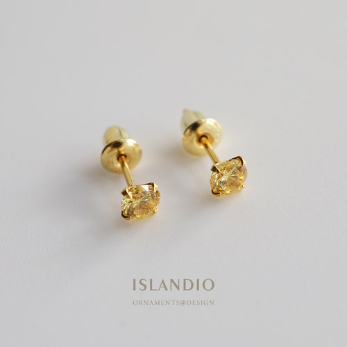 ISLANDIO金黄宝石18K金迷你小耳钉发财小太阳黄水晶纯银耳骨钉女