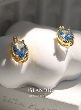 ISLANDIO法式精致蓝色系水晶宝石耳钉新品纯银镀18k金耳饰礼物女